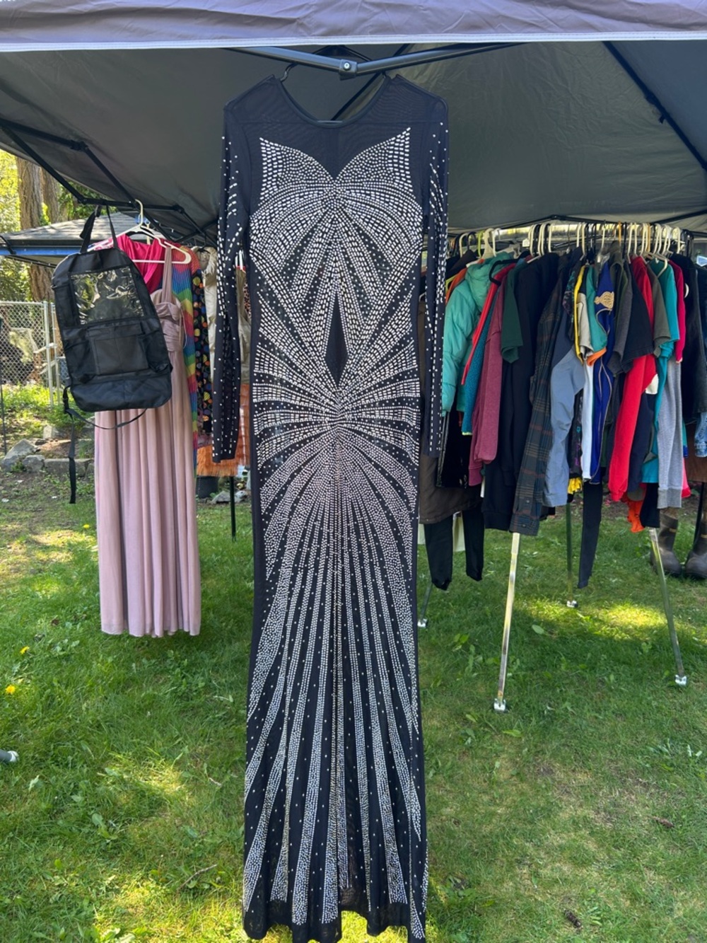 Source Unknown Black Maxi Dress with Silver Rhinestone Burst